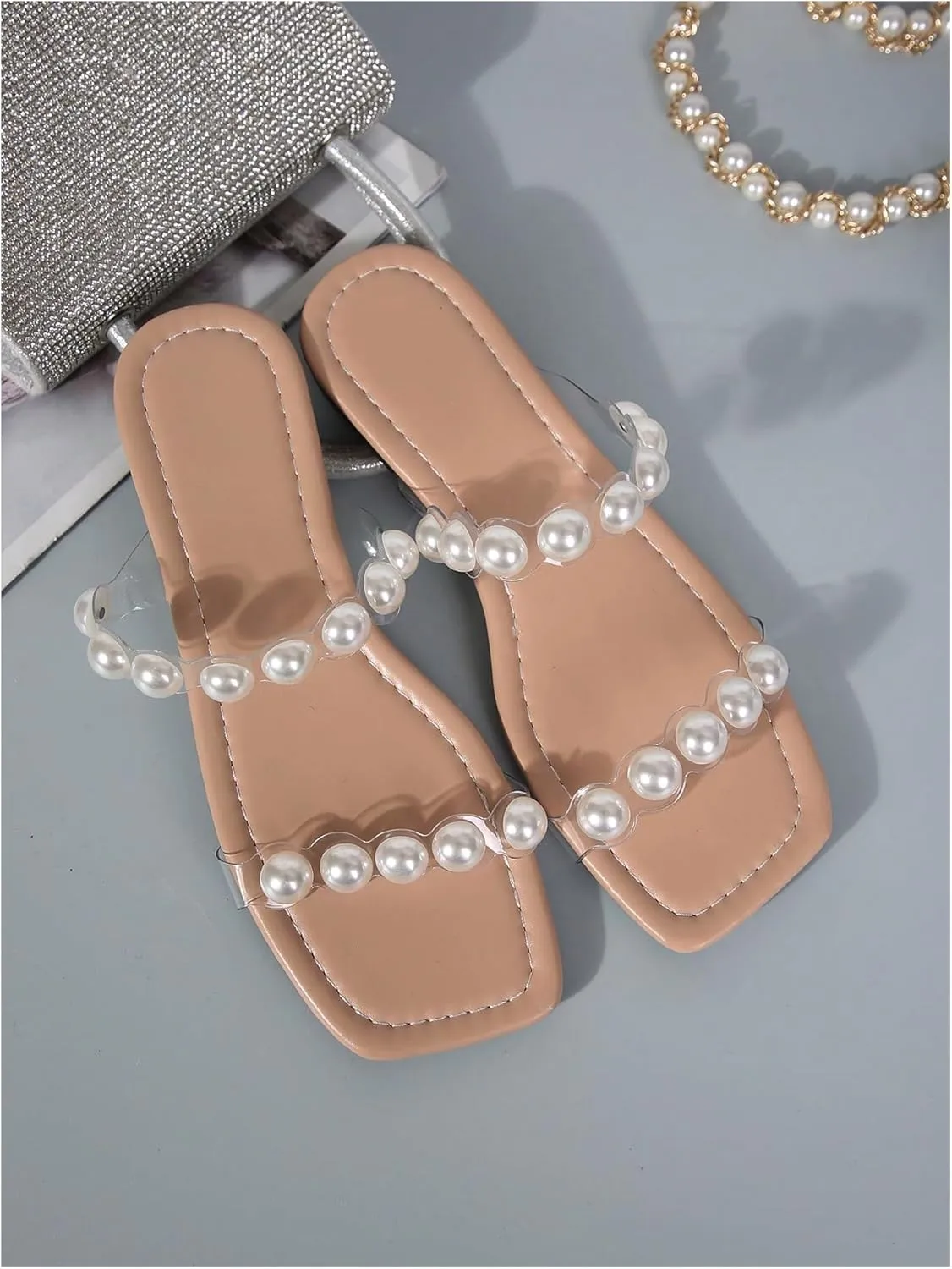 Verdusa Women's Pearls Clear Flat Sandals Square Toe Slides Slip On Transparent Sandals