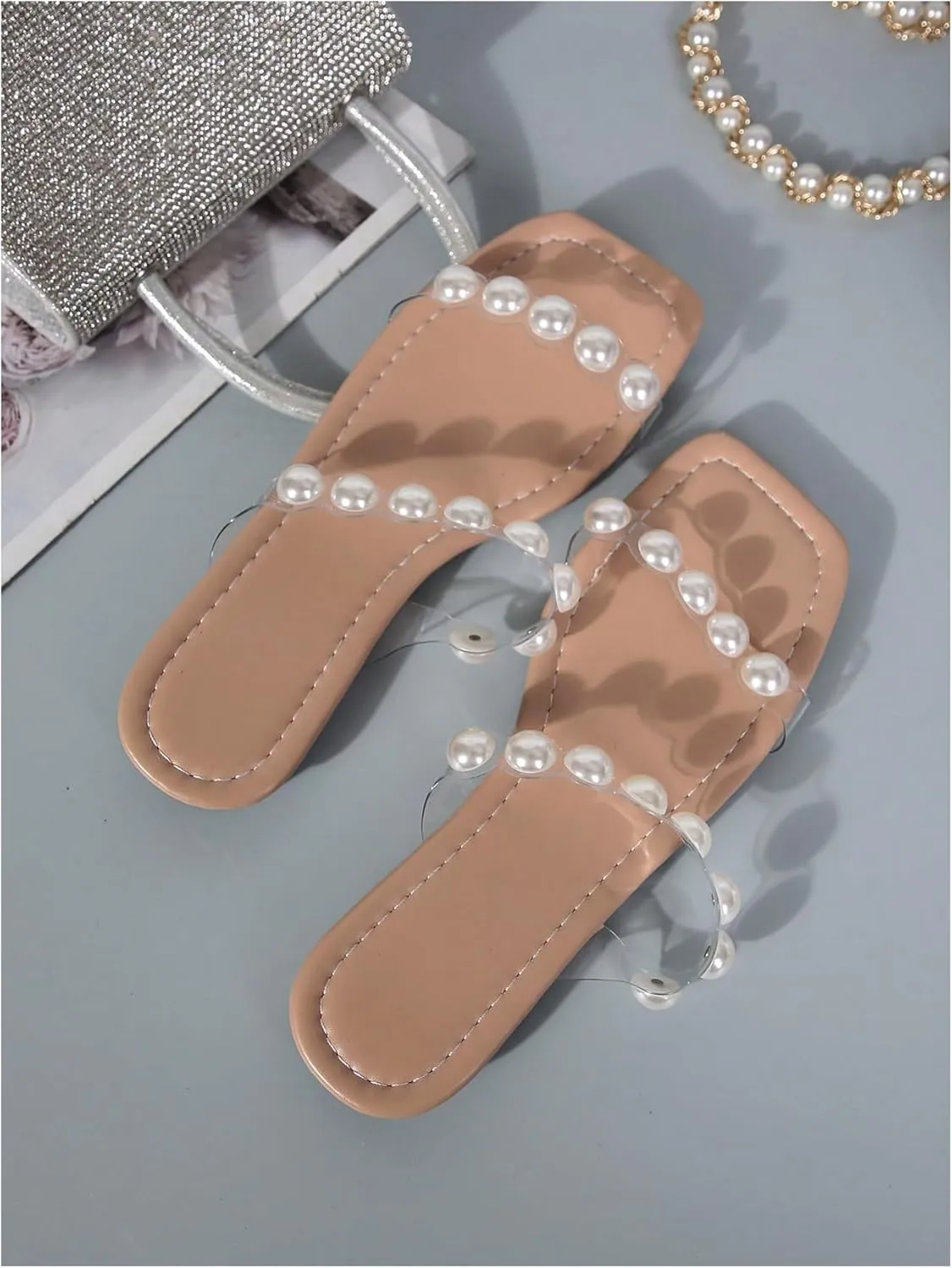 Verdusa Women's Pearls Clear Flat Sandals Square Toe Slides Slip On Transparent Sandals