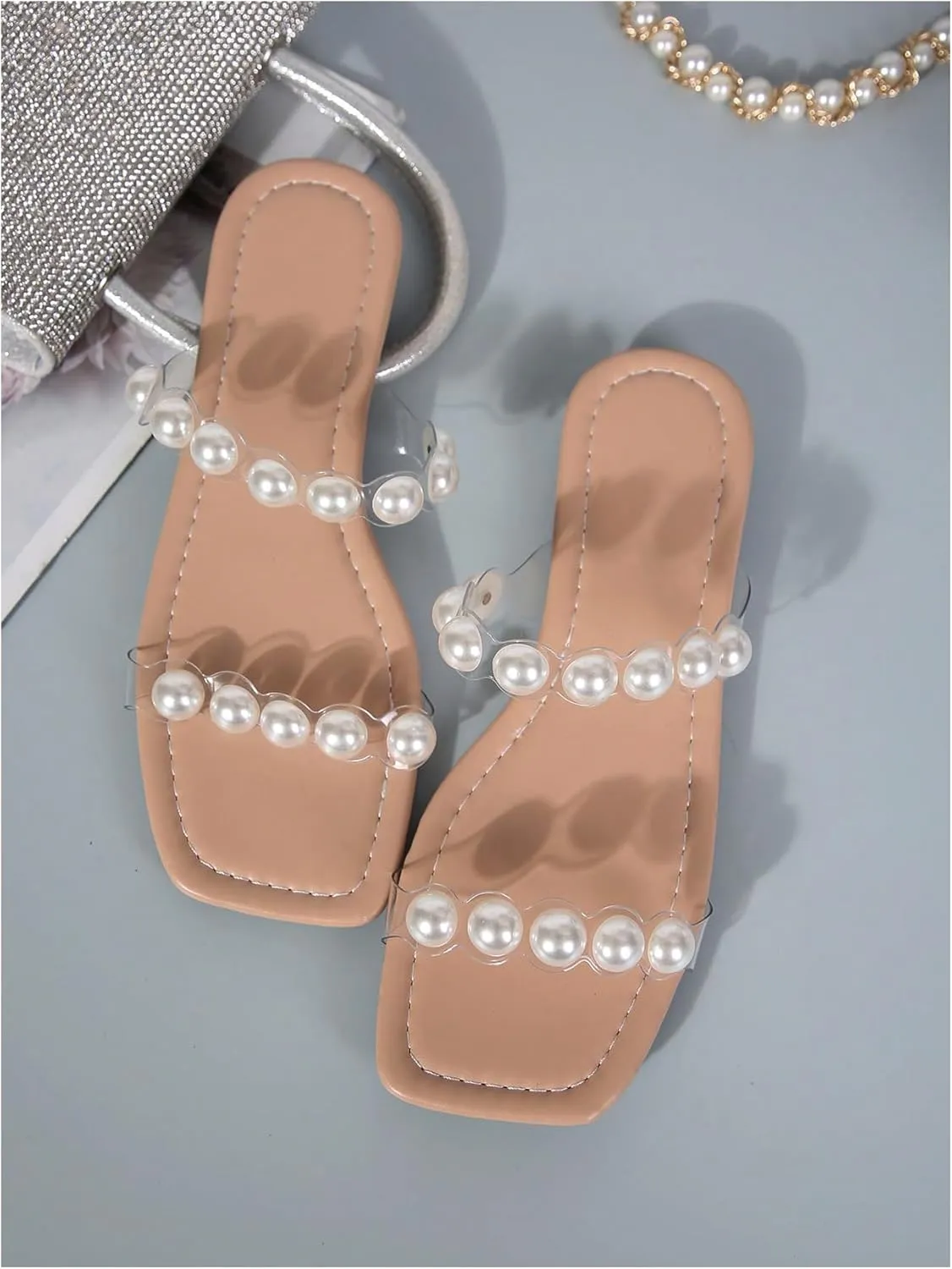 Verdusa Women's Pearls Clear Flat Sandals Square Toe Slides Slip On Transparent Sandals