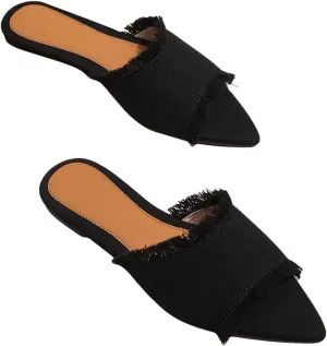 Verdusa Women's Pointed Toe Denim Flat Sandals Open Toess Slip On Summer Flats