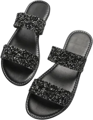 Verdusa Women's PU Leather Rhinestone Slippers Two Strap Open Toe Slip on Flat Sandals