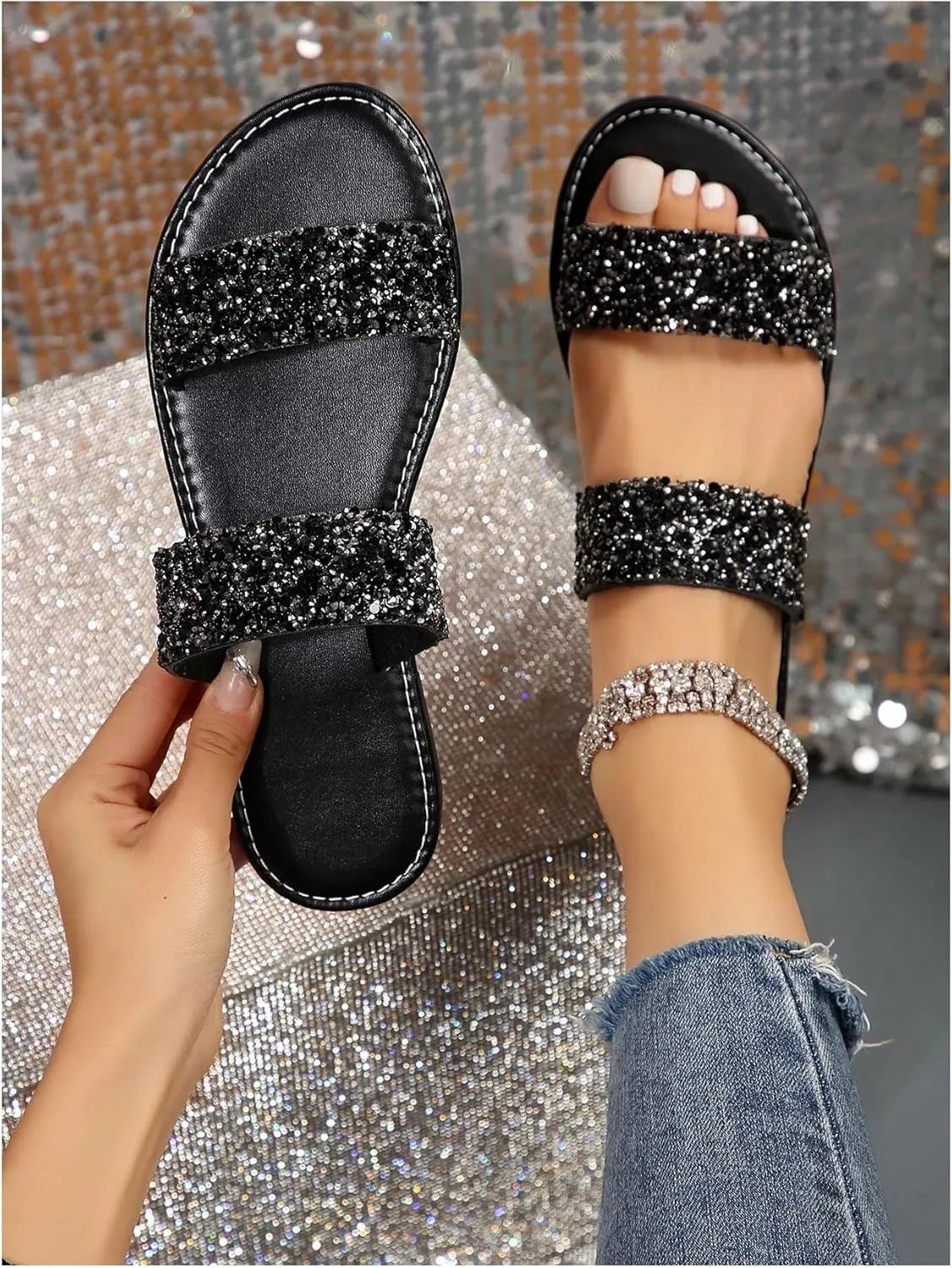 Verdusa Women's PU Leather Rhinestone Slippers Two Strap Open Toe Slip on Flat Sandals