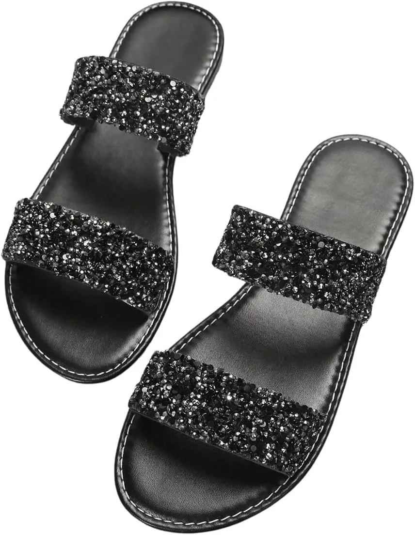 Verdusa Women's PU Leather Rhinestone Slippers Two Strap Open Toe Slip on Flat Sandals