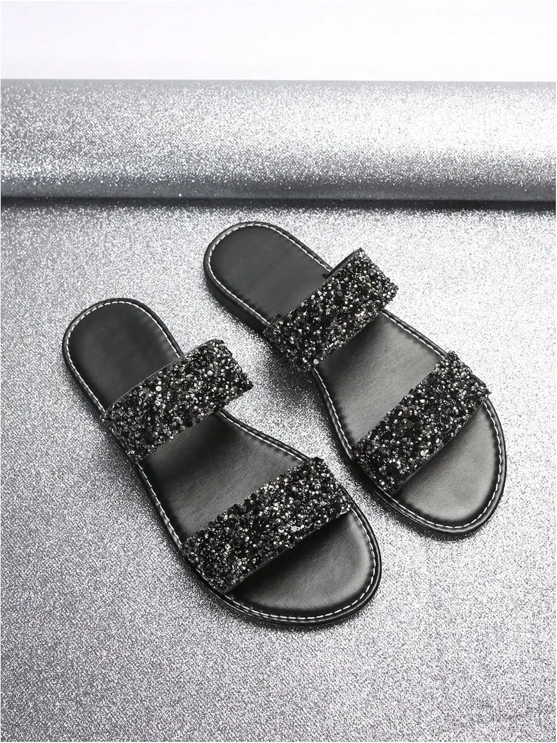 Verdusa Women's PU Leather Rhinestone Slippers Two Strap Open Toe Slip on Flat Sandals