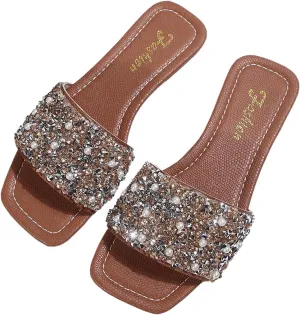 Verdusa Women's Rhinestone Dressy Sandals Square Toe Slip on PU Leather Slippers