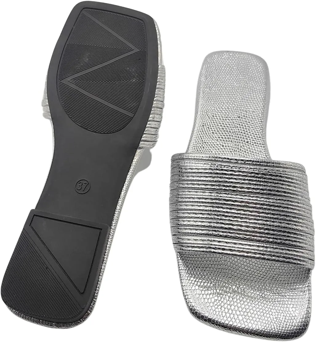 Verdusa Women's Square Toe Strappy Flat Sandals Slip On Metallic Sandal