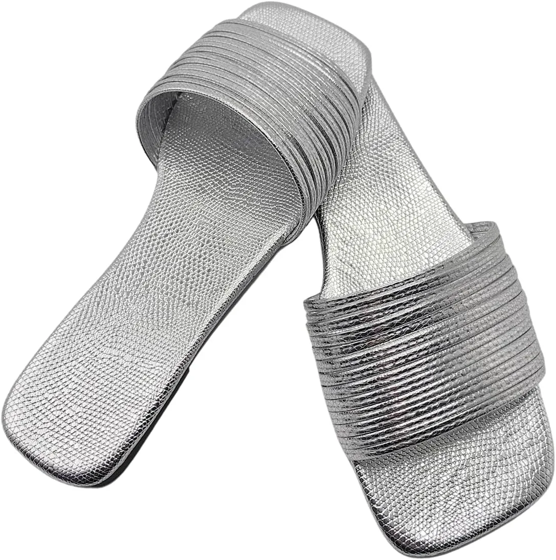 Verdusa Women's Square Toe Strappy Flat Sandals Slip On Metallic Sandal