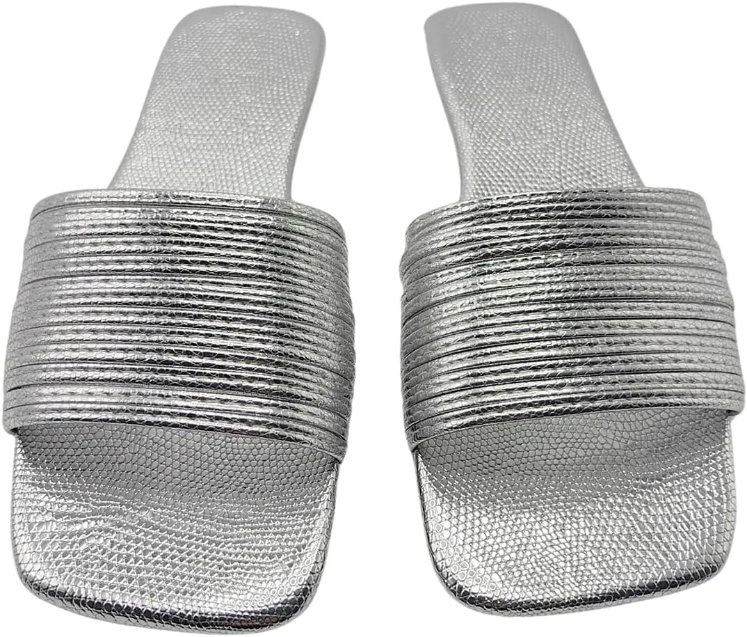 Verdusa Women's Square Toe Strappy Flat Sandals Slip On Metallic Sandal