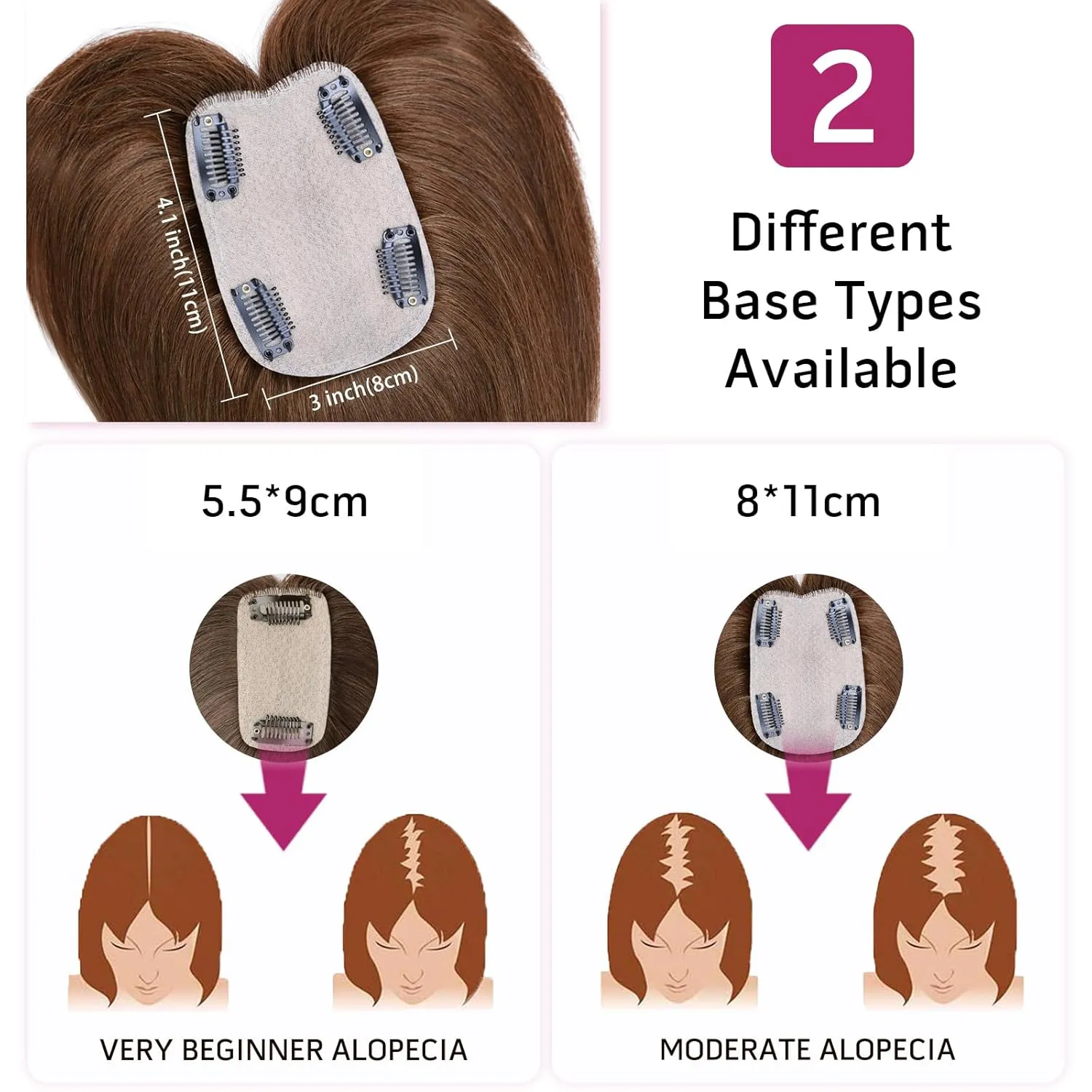 VERNA Real Human Hair Topper, 10 Inch 100％ Human Hair Toppers for Women with Thinning Hair, Large area Coverage Medium Brown Hairpiece Wiglet for Daily Wear(8 * 11)