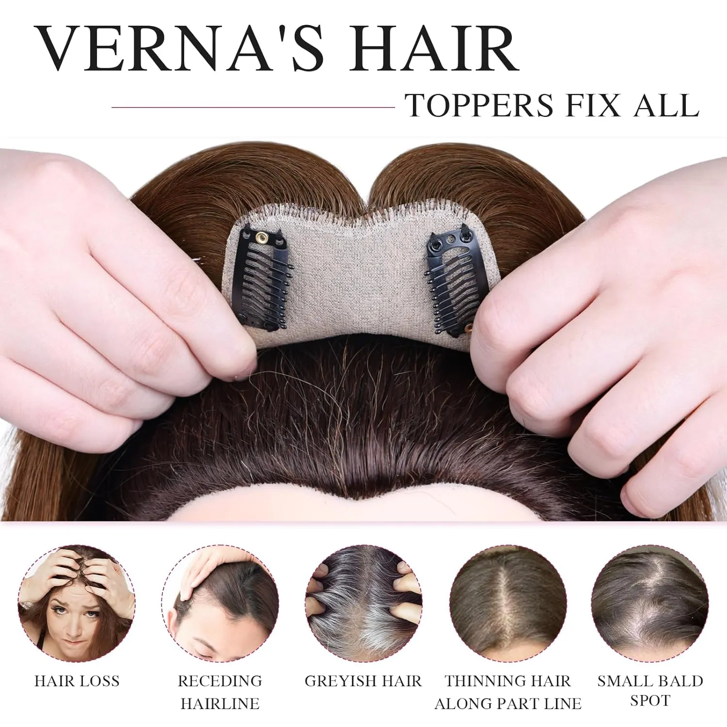 VERNA Real Human Hair Topper, 10 Inch 100％ Human Hair Toppers for Women with Thinning Hair, Large area Coverage Medium Brown Hairpiece Wiglet for Daily Wear(8 * 11)