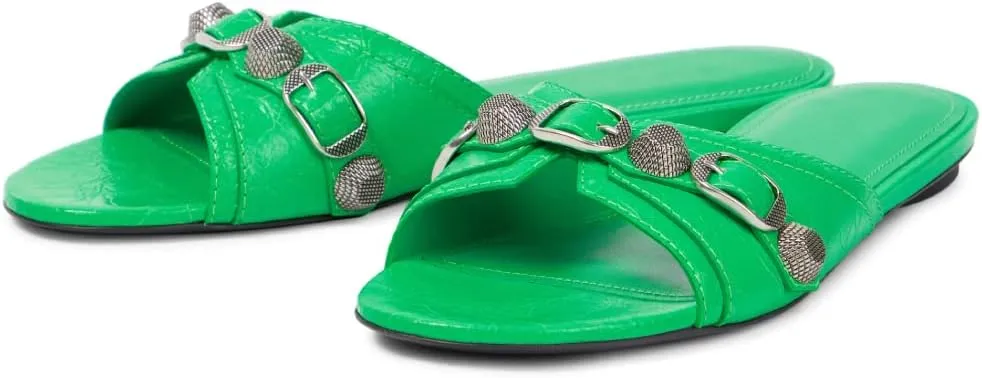 Vertundy Women’s Flat Slide Slippers - Round Open Toe Rivet Sandals Slip on Casual Shoes for Summer Beach Daily Wear