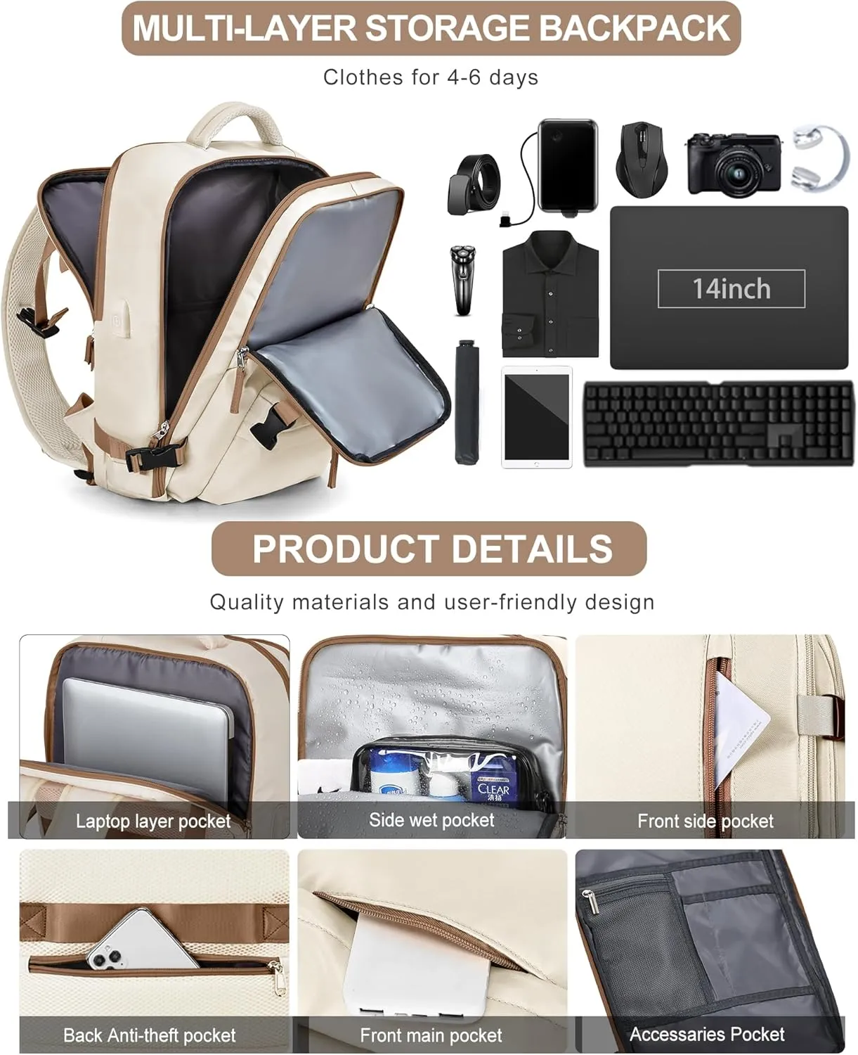 VGCUB Large Travel Backpack Bag for Women Men,Carry on Backpack,17 Inch Laptop Business Work Waterproof Backpack with Laptop Compartment,Person Item Flight Approved,Mochila de Viaje,Beige with Brown
