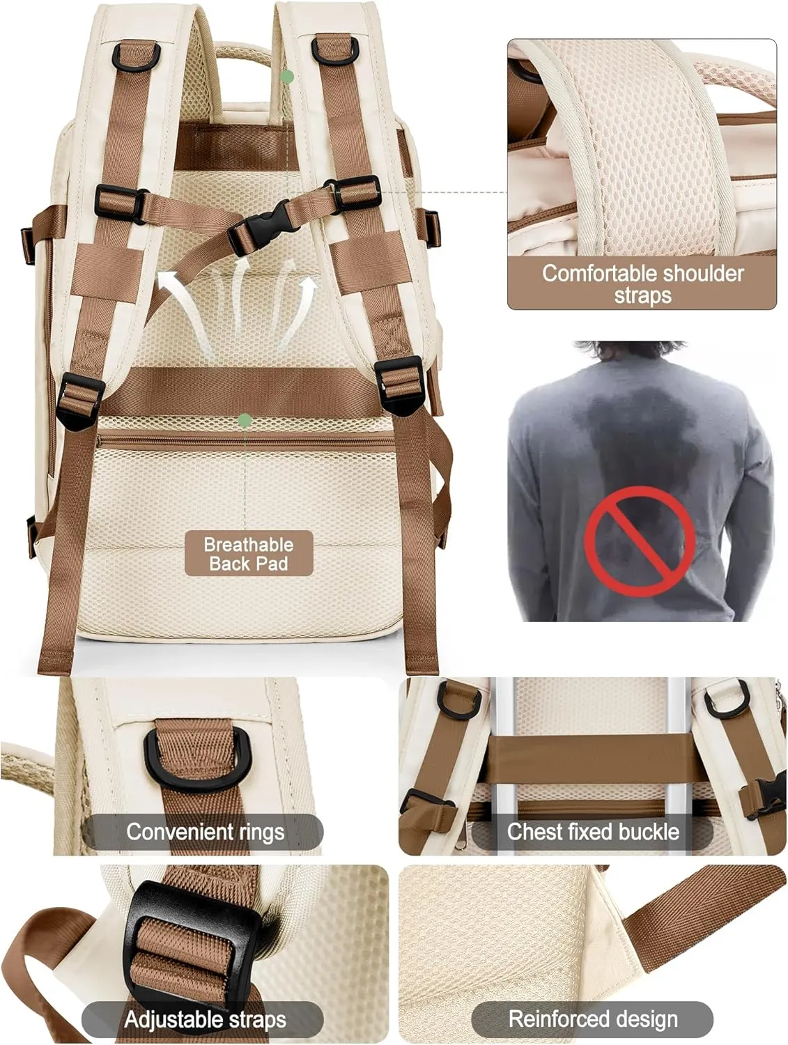 VGCUB Large Travel Backpack Bag for Women Men,Carry on Backpack,17 Inch Laptop Business Work Waterproof Backpack with Laptop Compartment,Person Item Flight Approved,Mochila de Viaje,Beige with Brown