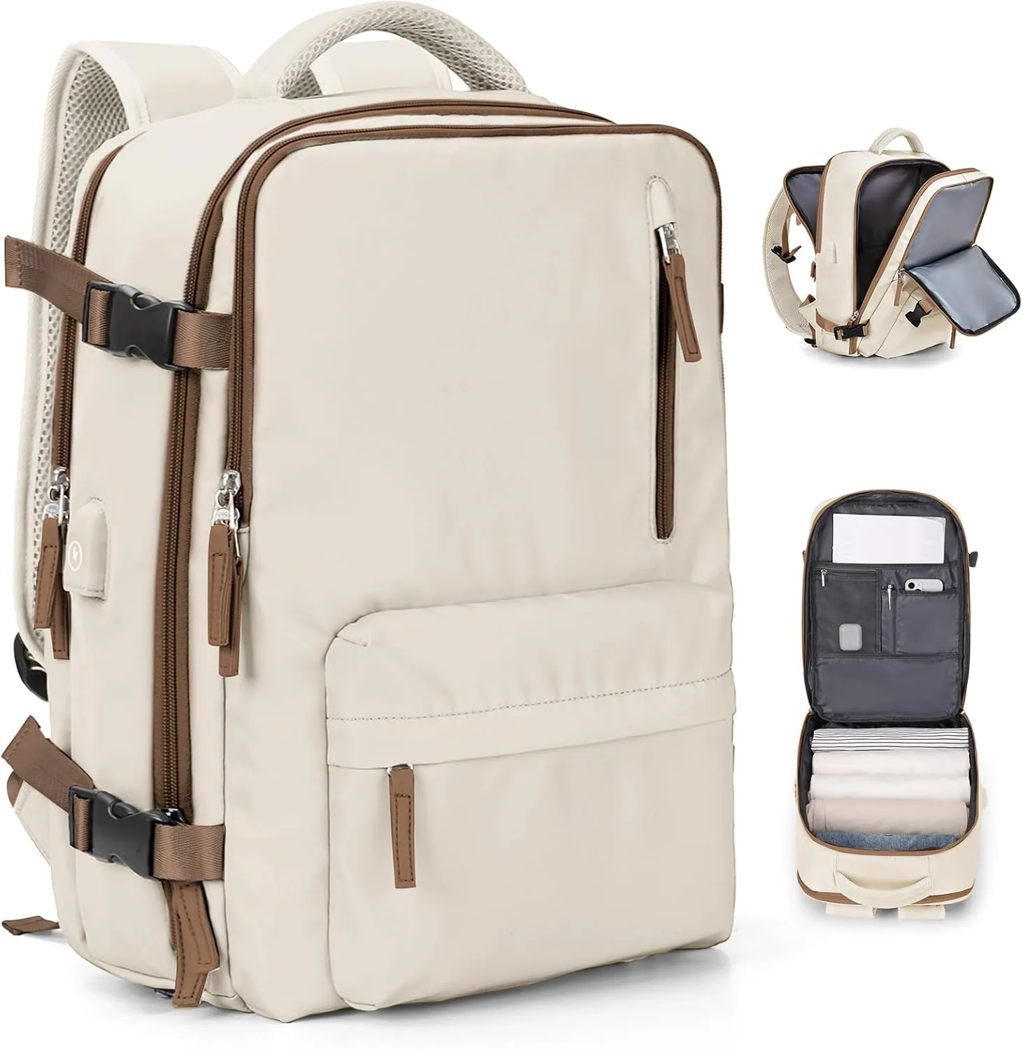 VGCUB Large Travel Backpack Bag for Women Men,Carry on Backpack,17 Inch Laptop Business Work Waterproof Backpack with Laptop Compartment,Person Item Flight Approved,Mochila de Viaje,Beige with Brown