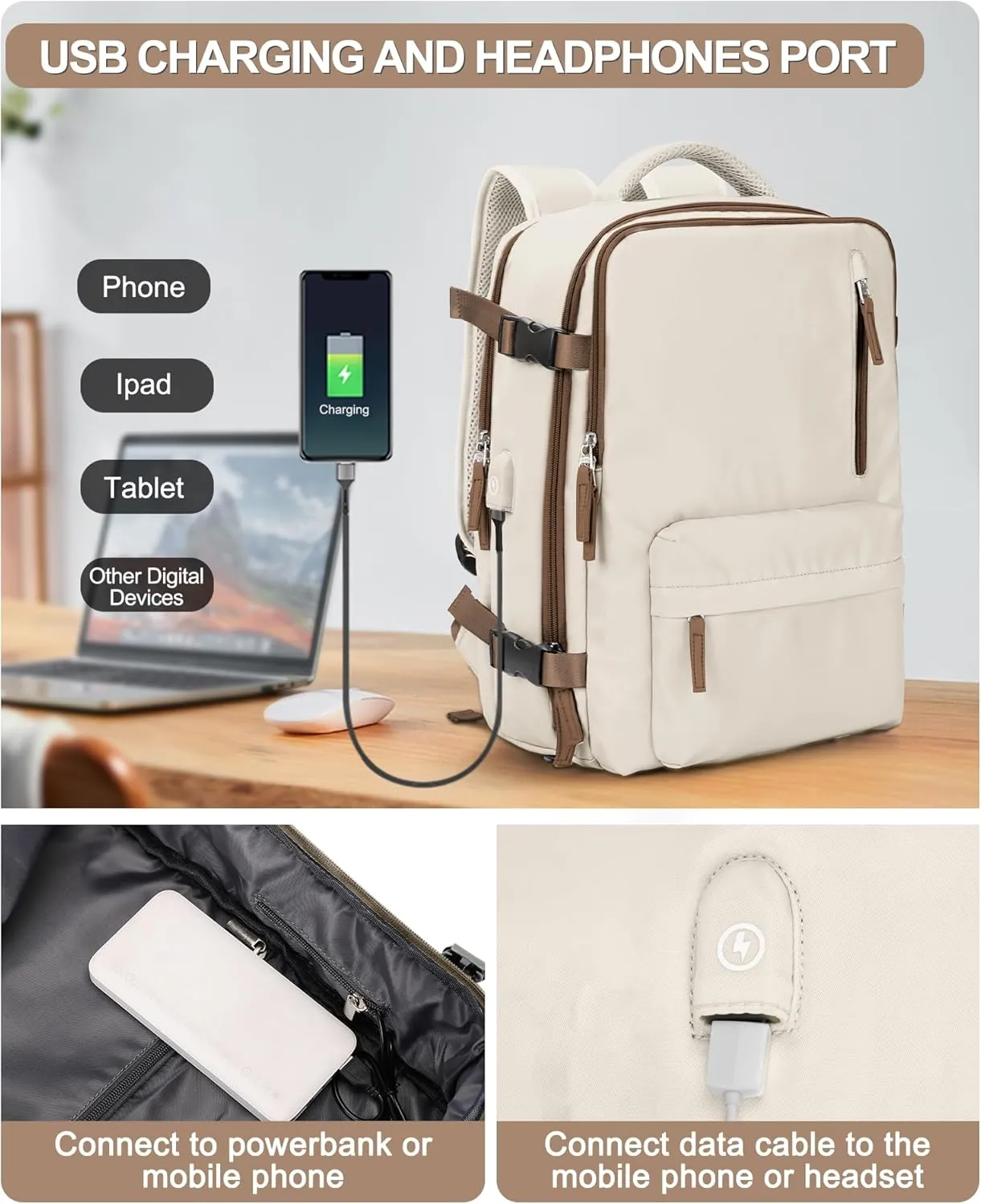 VGCUB Large Travel Backpack Bag for Women Men,Carry on Backpack,17 Inch Laptop Business Work Waterproof Backpack with Laptop Compartment,Person Item Flight Approved,Mochila de Viaje,Beige with Brown