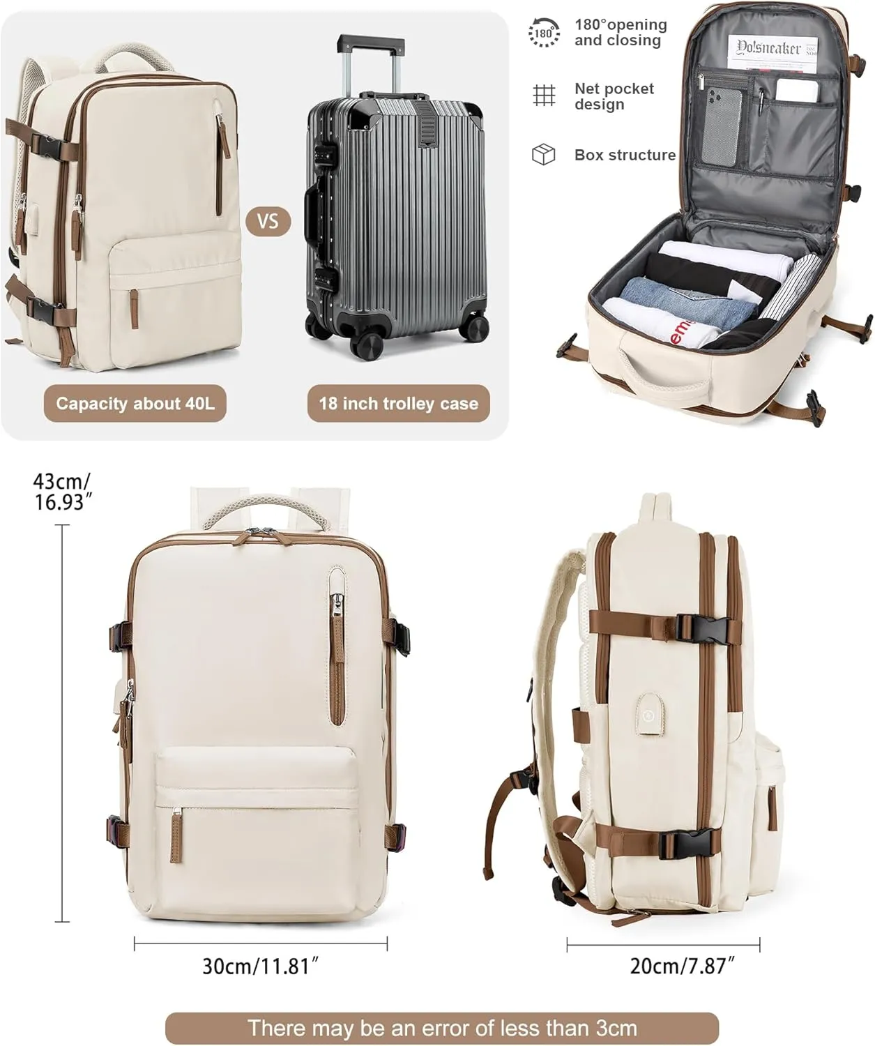 VGCUB Large Travel Backpack Bag for Women Men,Carry on Backpack,17 Inch Laptop Business Work Waterproof Backpack with Laptop Compartment,Person Item Flight Approved,Mochila de Viaje,Beige with Brown