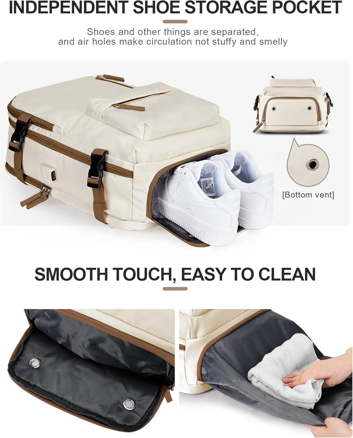 VGCUB Large Travel Backpack Bag for Women Men,Carry on Backpack,17 Inch Laptop Business Work Waterproof Backpack with Laptop Compartment,Person Item Flight Approved,Mochila de Viaje,Beige with Brown