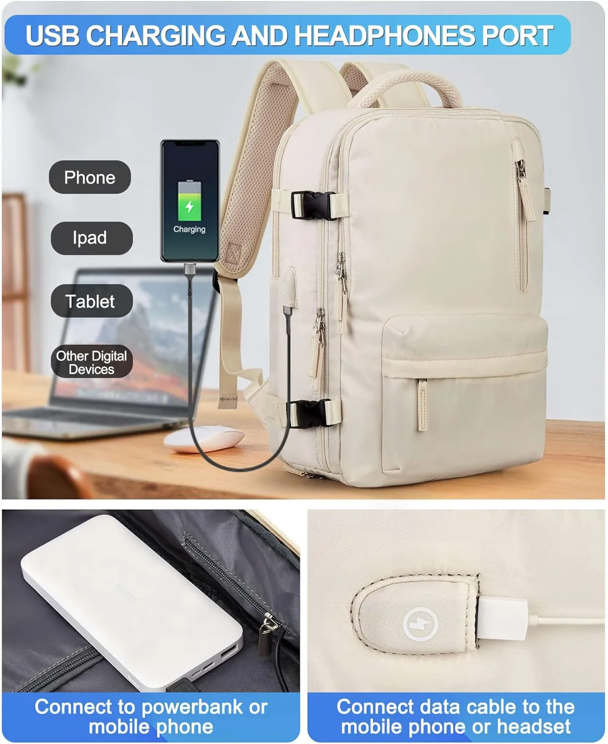 VGCUB Large Travel Work Business Backpack Carry on flight Approved 17 Inch Laptop Backpack for Women Men with Laptop Compartment Mochila de Viaje,Beige