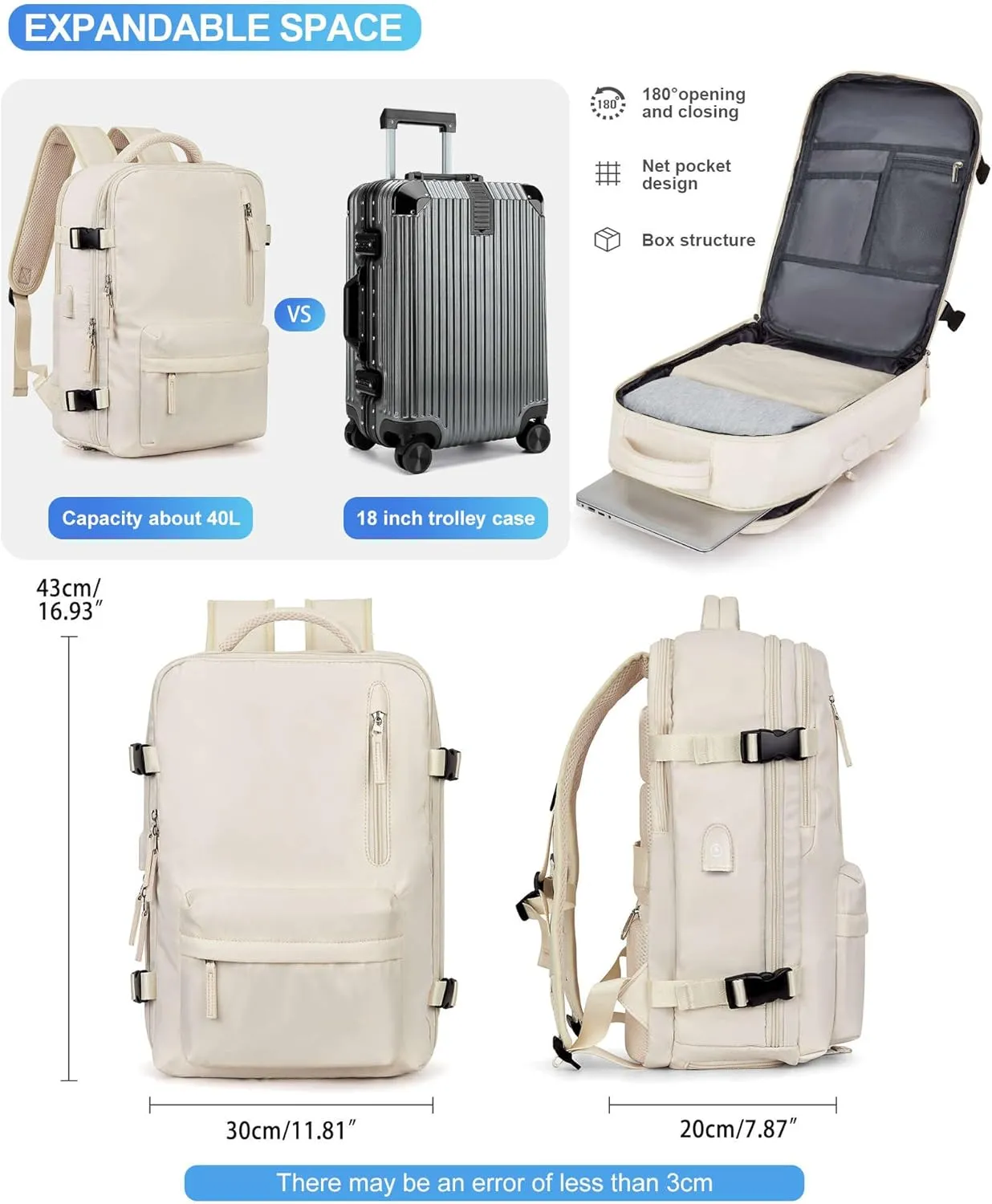 VGCUB Large Travel Work Business Backpack Carry on flight Approved 17 Inch Laptop Backpack for Women Men with Laptop Compartment Mochila de Viaje,Beige
