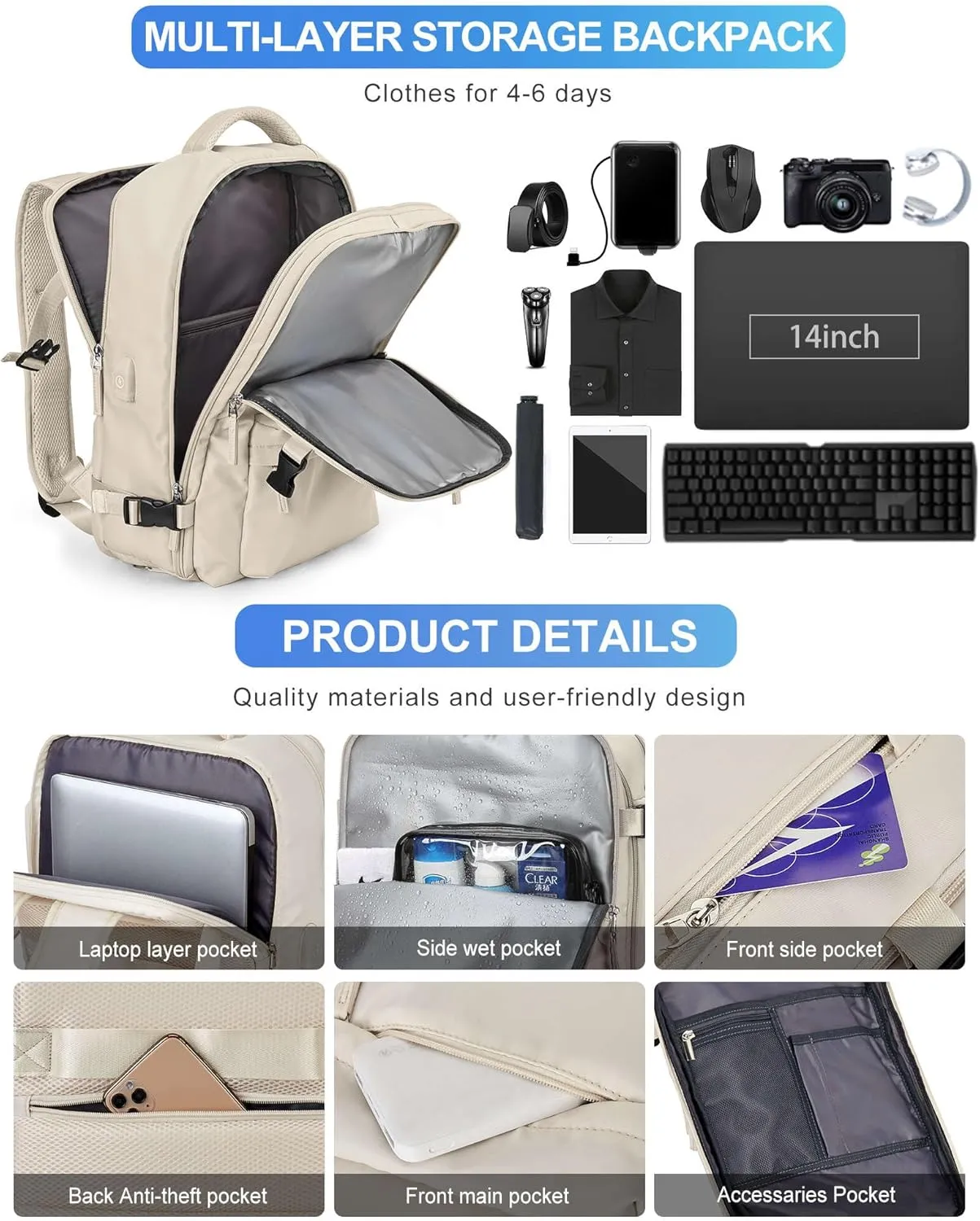 VGCUB Large Travel Work Business Backpack Carry on flight Approved 17 Inch Laptop Backpack for Women Men with Laptop Compartment Mochila de Viaje,Beige