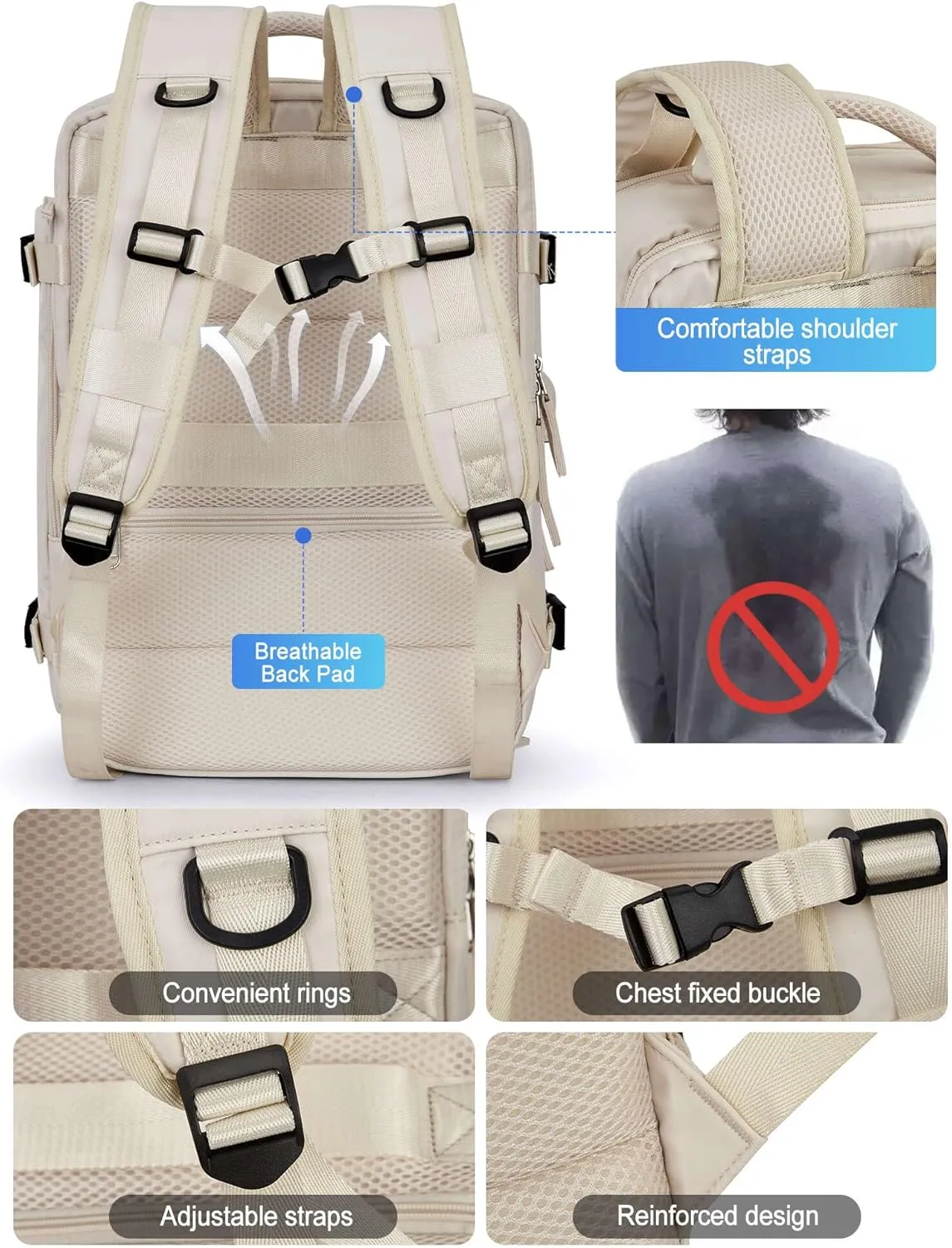 VGCUB Large Travel Work Business Backpack Carry on flight Approved 17 Inch Laptop Backpack for Women Men with Laptop Compartment Mochila de Viaje,Beige