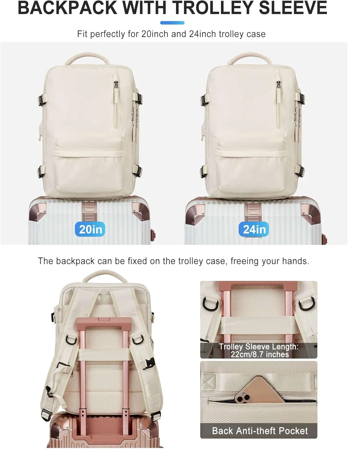 VGCUB Large Travel Work Business Backpack Carry on flight Approved 17 Inch Laptop Backpack for Women Men with Laptop Compartment Mochila de Viaje,Beige
