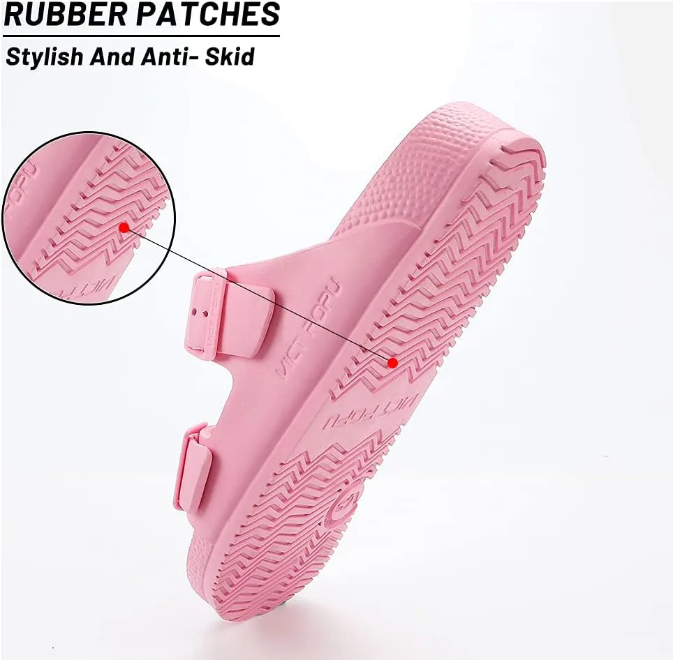 VICT POPU Womens Sandals Adjustable Double Buckle Strap Waterproof EVA Flat Slides