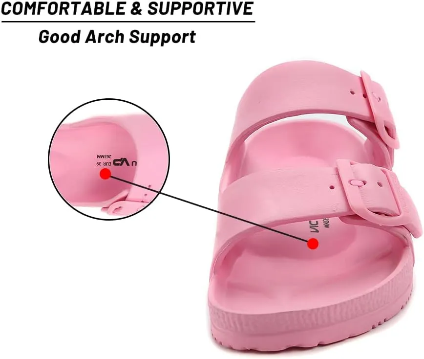 VICT POPU Womens Sandals Adjustable Double Buckle Strap Waterproof EVA Flat Slides