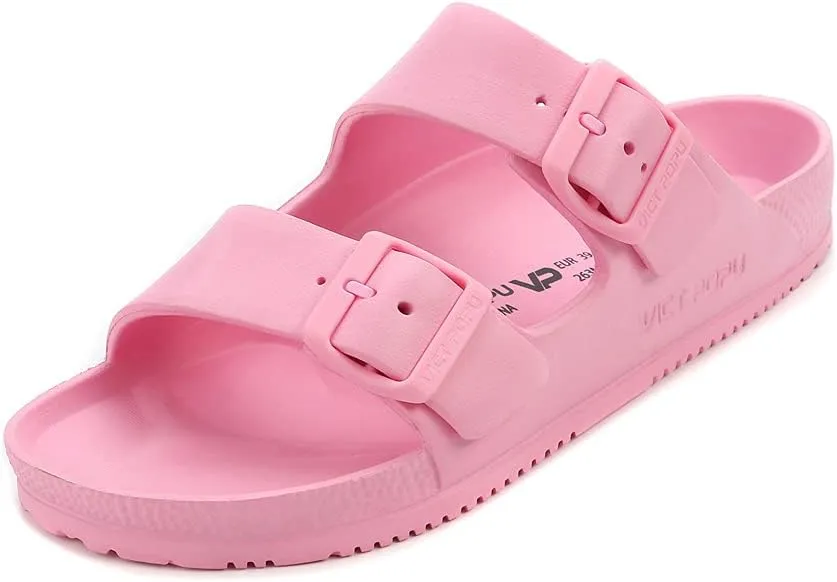 VICT POPU Womens Sandals Adjustable Double Buckle Strap Waterproof EVA Flat Slides