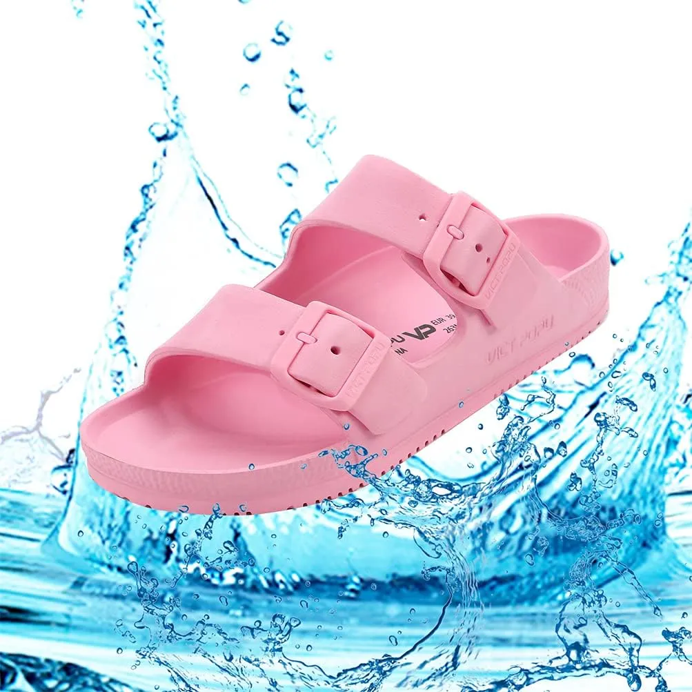 VICT POPU Womens Sandals Adjustable Double Buckle Strap Waterproof EVA Flat Slides