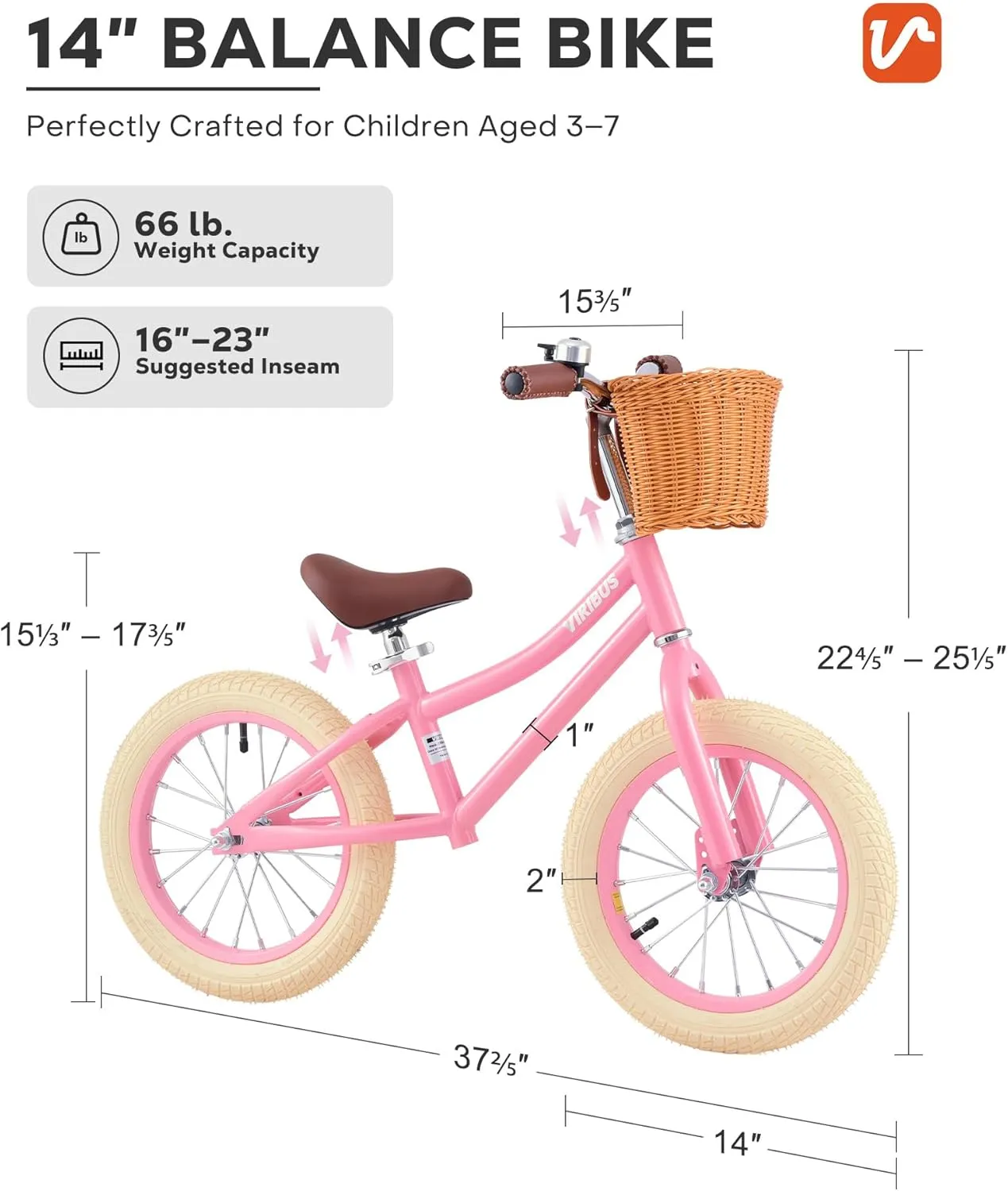Viribus 14 inch Balance Bike for 3  to 7 Year Old Boy or Girl, with Basket, Rubber Tire, Carbon Steel Frame, 66 lb