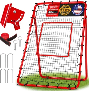 Volleyball Net 4x7ft Bounce Back Net with 5 Adjustable Angles, Anti-UV Easy Storage Baseball Fielding Trainer with 4 Stakes, Football Softball Baseball Pitch Back Rebounder with 4 Anti-skid Parts