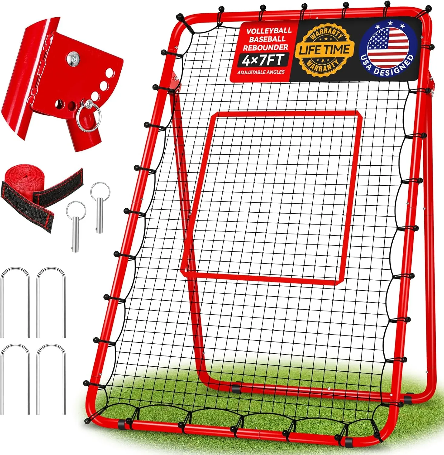 Volleyball Net 4x7ft Bounce Back Net with 5 Adjustable Angles, Anti-UV Easy Storage Baseball Fielding Trainer with 4 Stakes, Football Softball Baseball Pitch Back Rebounder with 4 Anti-skid Parts