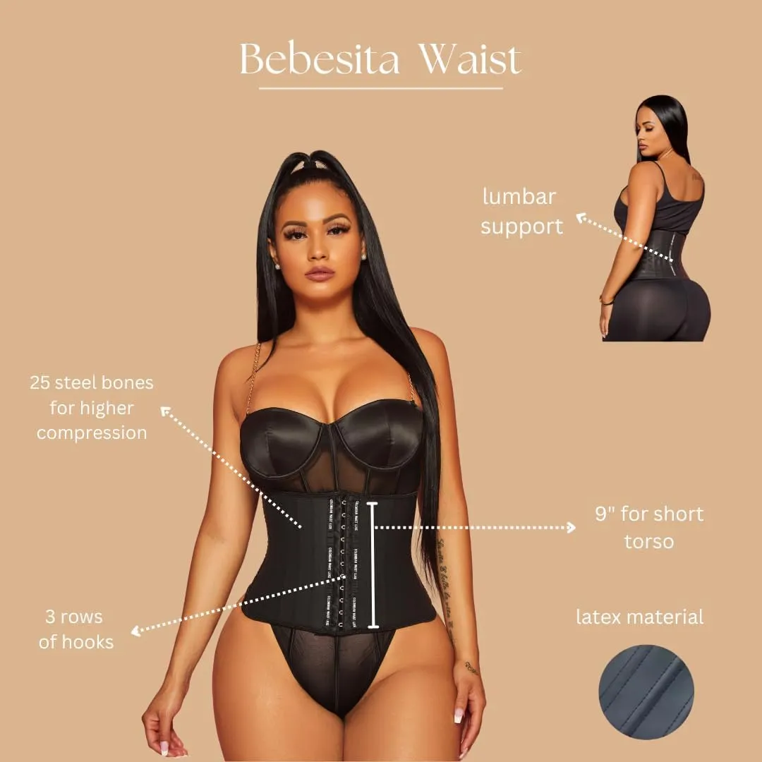 Waist Trainer for Women & Girls, 9” Length, 25 Steel Bones, Adjustable 3 Rows of Hooks, High Compression