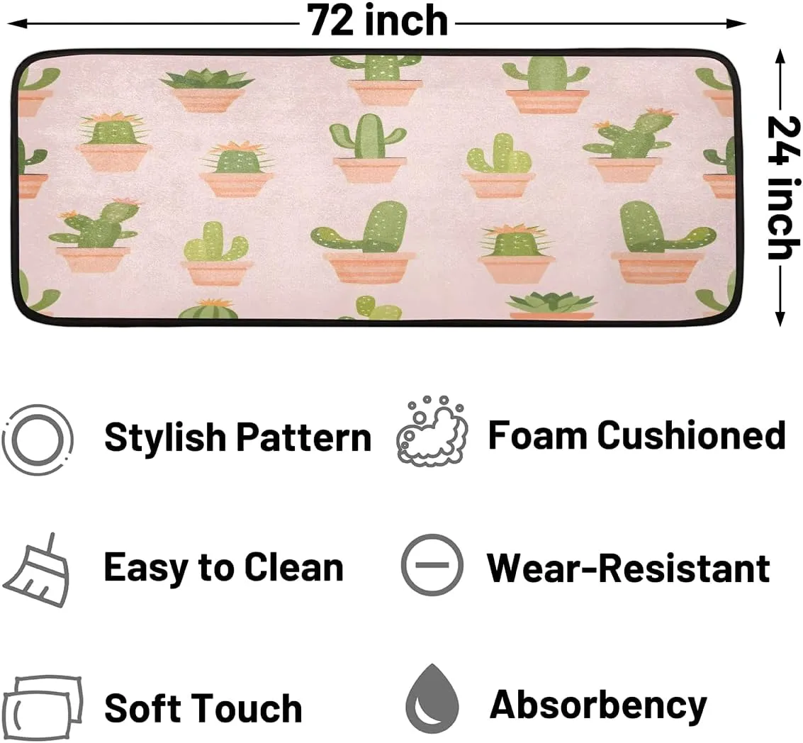 Watercolor Cactus Runner Rug 2ft x 6ft Washable Laundry Rug, Non Slip Hallway Entryway Mat, Succulents Area Carpet Runner for Bathroom Bedroom Living Room Kitchen