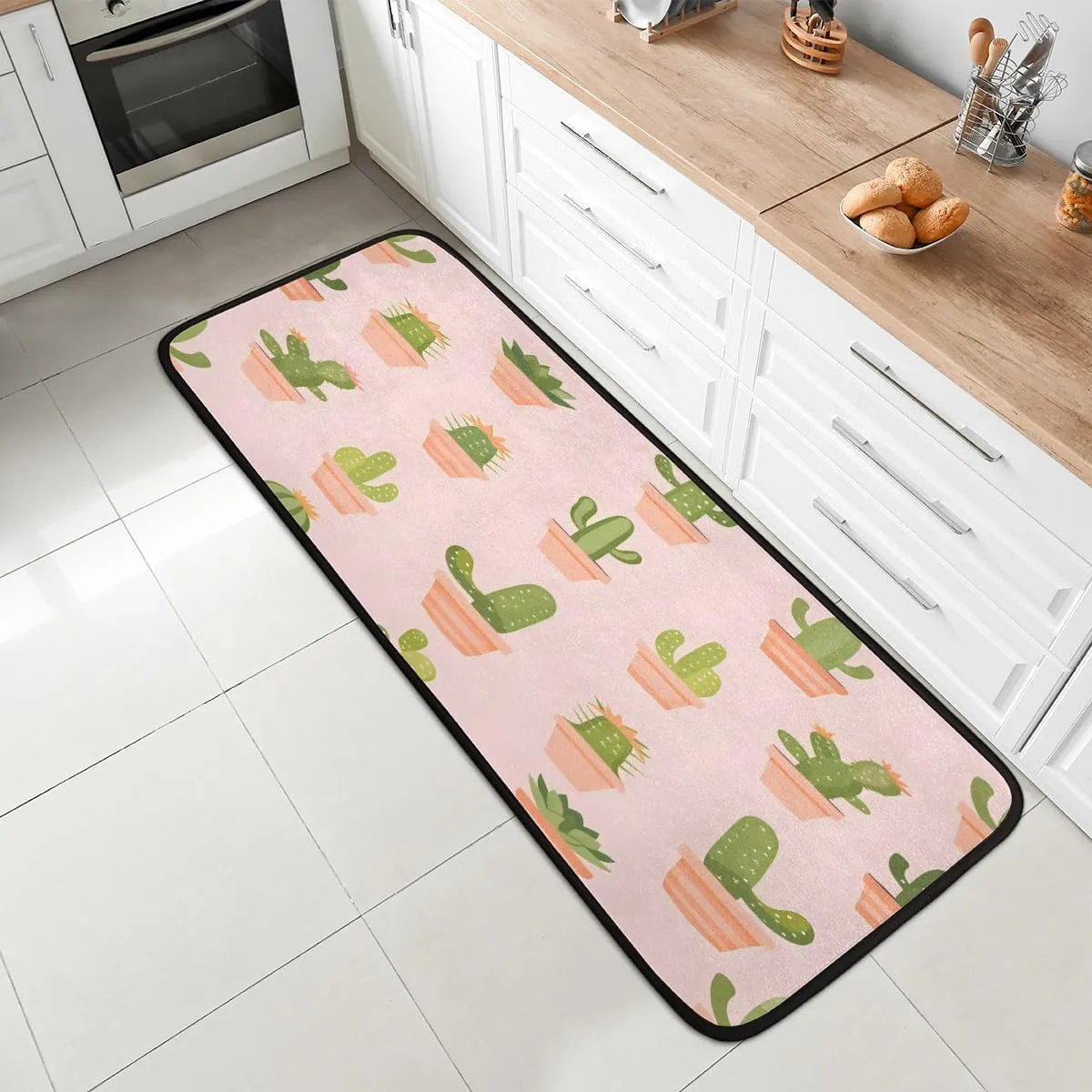 Watercolor Cactus Runner Rug 2ft x 6ft Washable Laundry Rug, Non Slip Hallway Entryway Mat, Succulents Area Carpet Runner for Bathroom Bedroom Living Room Kitchen
