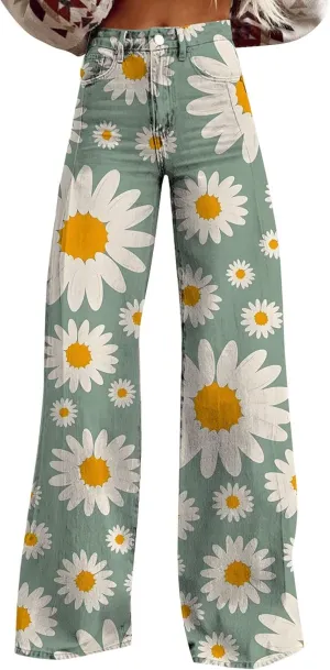Wide Leg Flare Jeans for Women Baggy Vintage Floral Print High Waisted Jeans Straight Stretch Denim Pants with Pockets