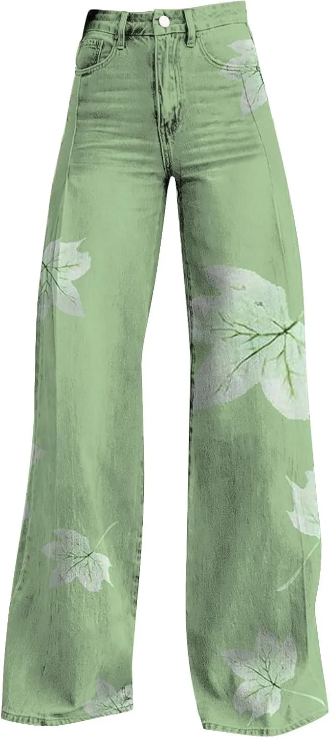 Wide Leg Flare Jeans for Women Baggy Vintage Floral Print High Waisted Jeans Straight Stretch Denim Pants with Pockets