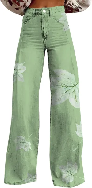 Wide Leg Flare Jeans for Women Baggy Vintage Floral Print High Waisted Jeans Straight Stretch Denim Pants with Pockets