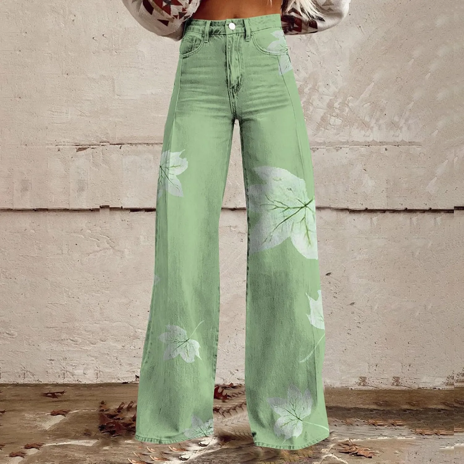 Wide Leg Flare Jeans for Women Baggy Vintage Floral Print High Waisted Jeans Straight Stretch Denim Pants with Pockets