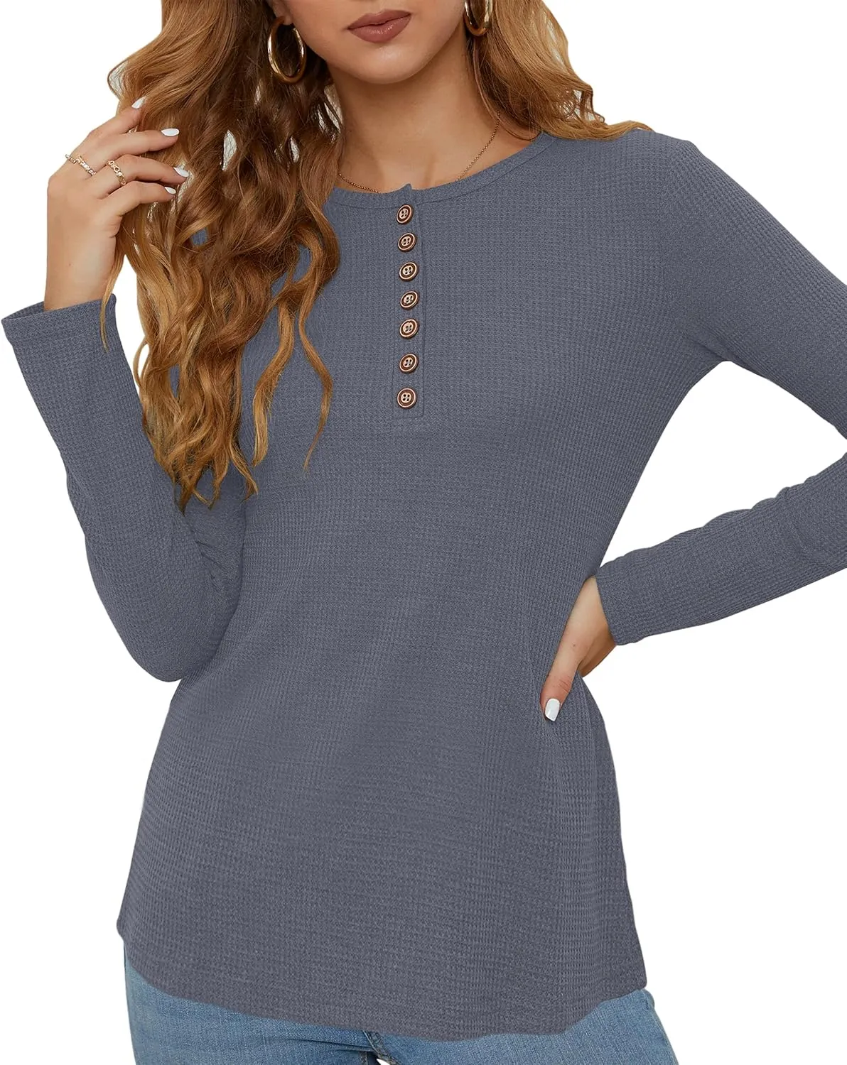 WNEEDU Women's Waffle Knit Tops Casual Long Sleeve Blouses Slim Fit Button Down V Neck Henley Shirt