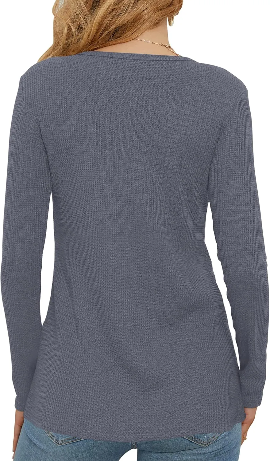 WNEEDU Women's Waffle Knit Tops Casual Long Sleeve Blouses Slim Fit Button Down V Neck Henley Shirt
