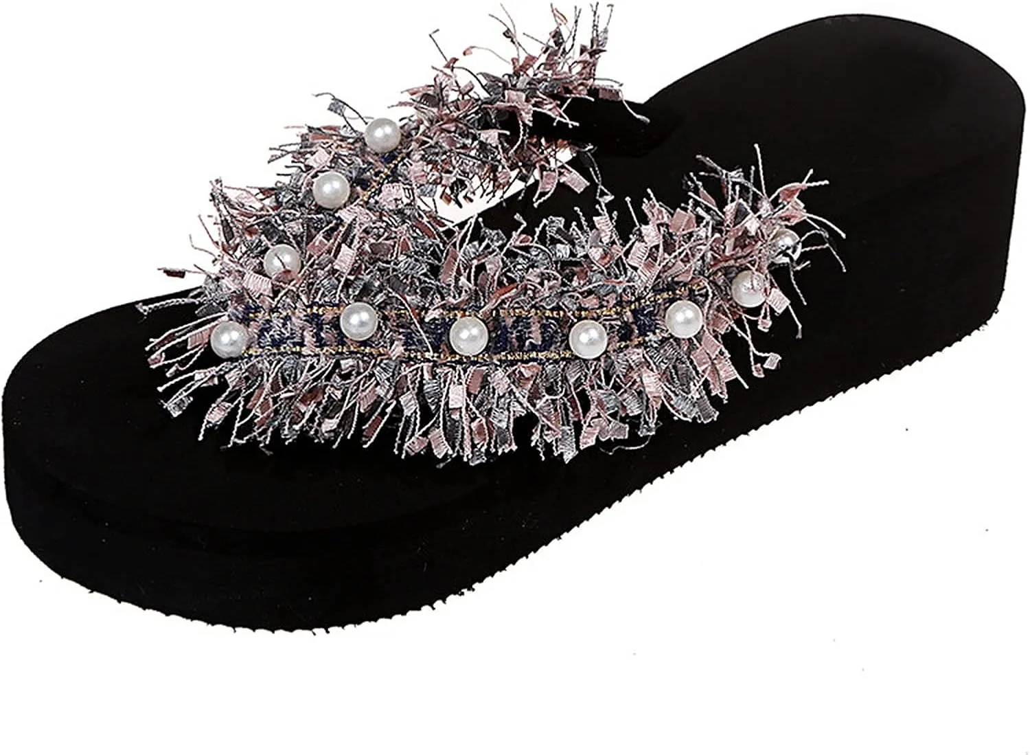 WOilERQ Ladies Fringed Open-Toed Sandals and Slippers Pearl Flip-Flops Flat Sandals Beach Shoes for Outdoor Wear in Summer Suitable for Indoor and Outdoor,Pink,41