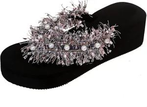 WOilERQ Ladies Fringed Open-Toed Sandals and Slippers Pearl Flip-Flops Flat Sandals Beach Shoes for Outdoor Wear in Summer Suitable for Indoor and Outdoor,Pink,41