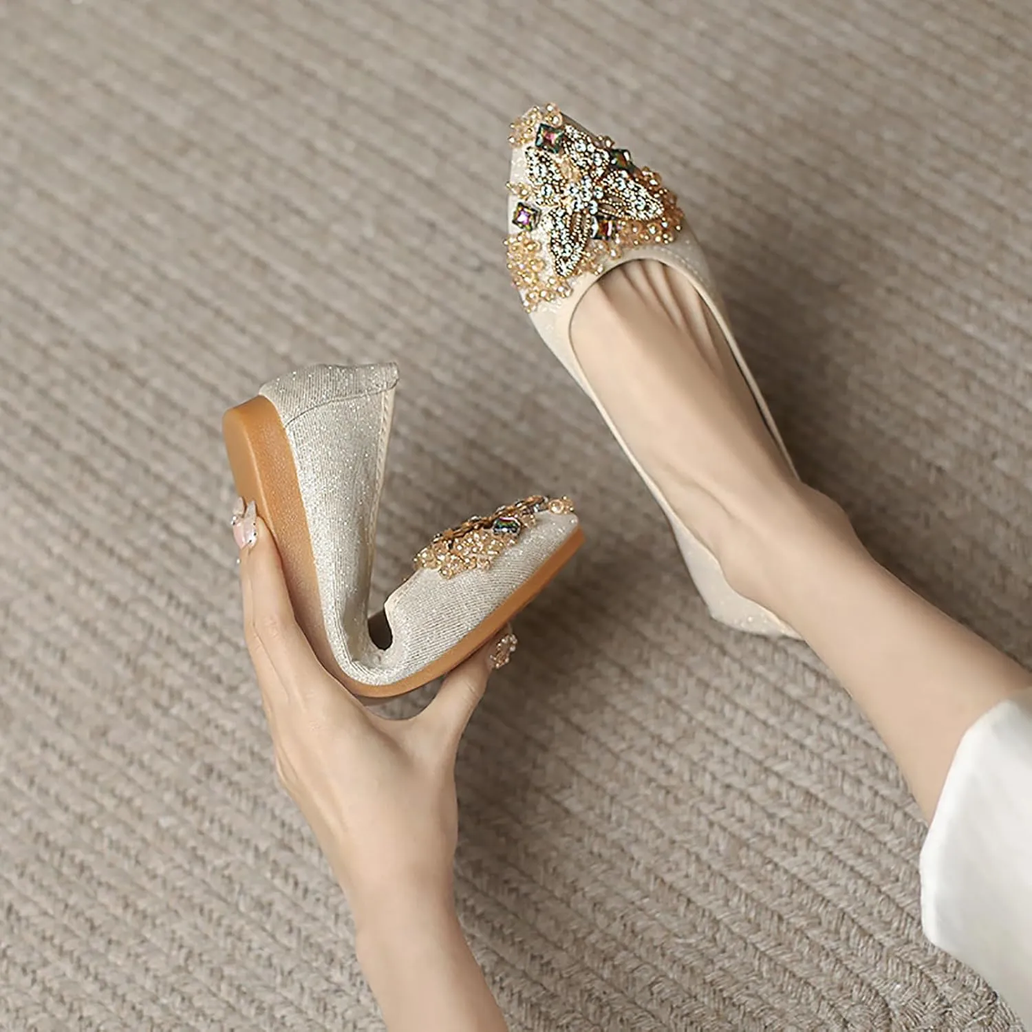 Women Ballet Flats Rhinestone Wedding Ballerina Shoes Foldable Sparkly Comfort Slip on Flat Shoes