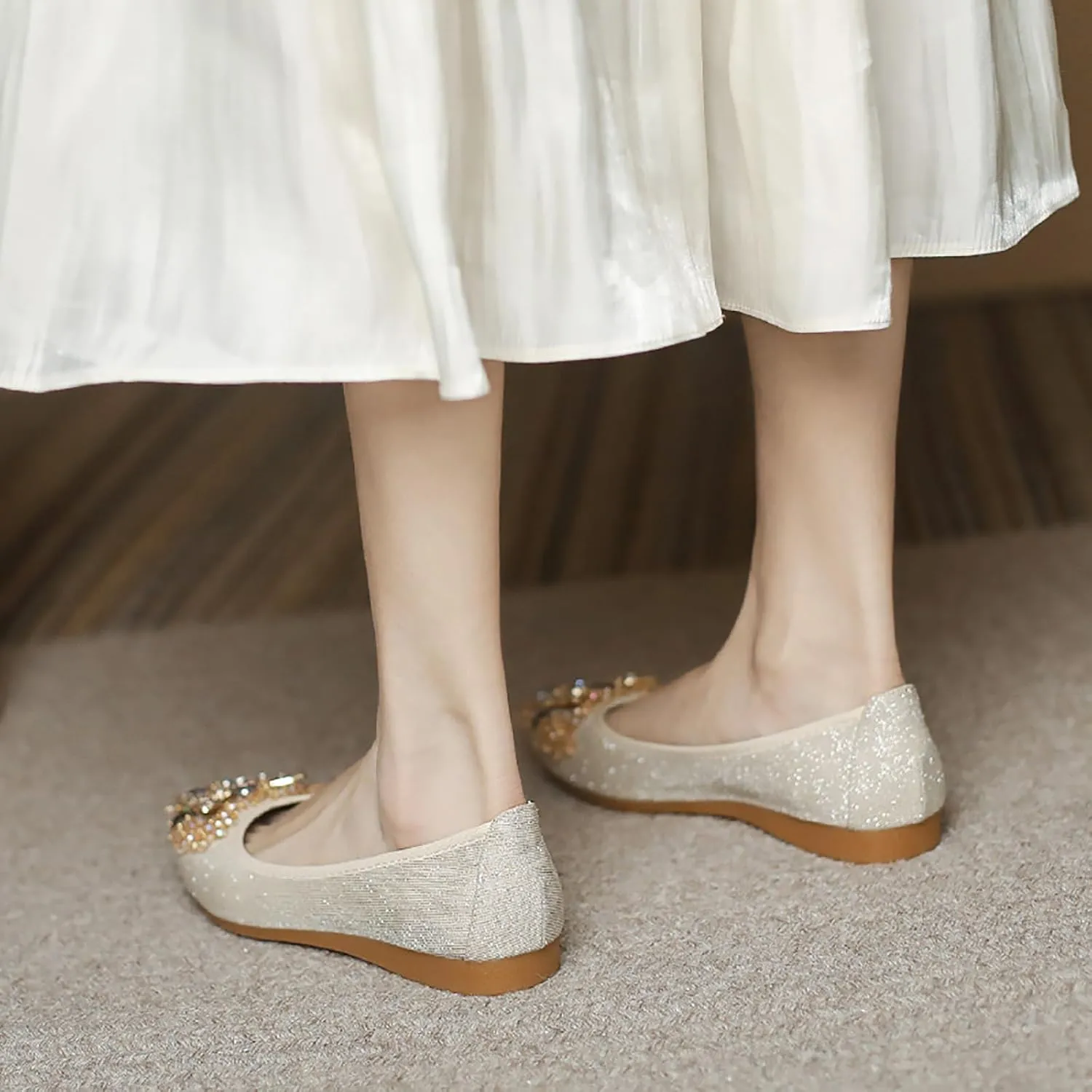 Women Ballet Flats Rhinestone Wedding Ballerina Shoes Foldable Sparkly Comfort Slip on Flat Shoes