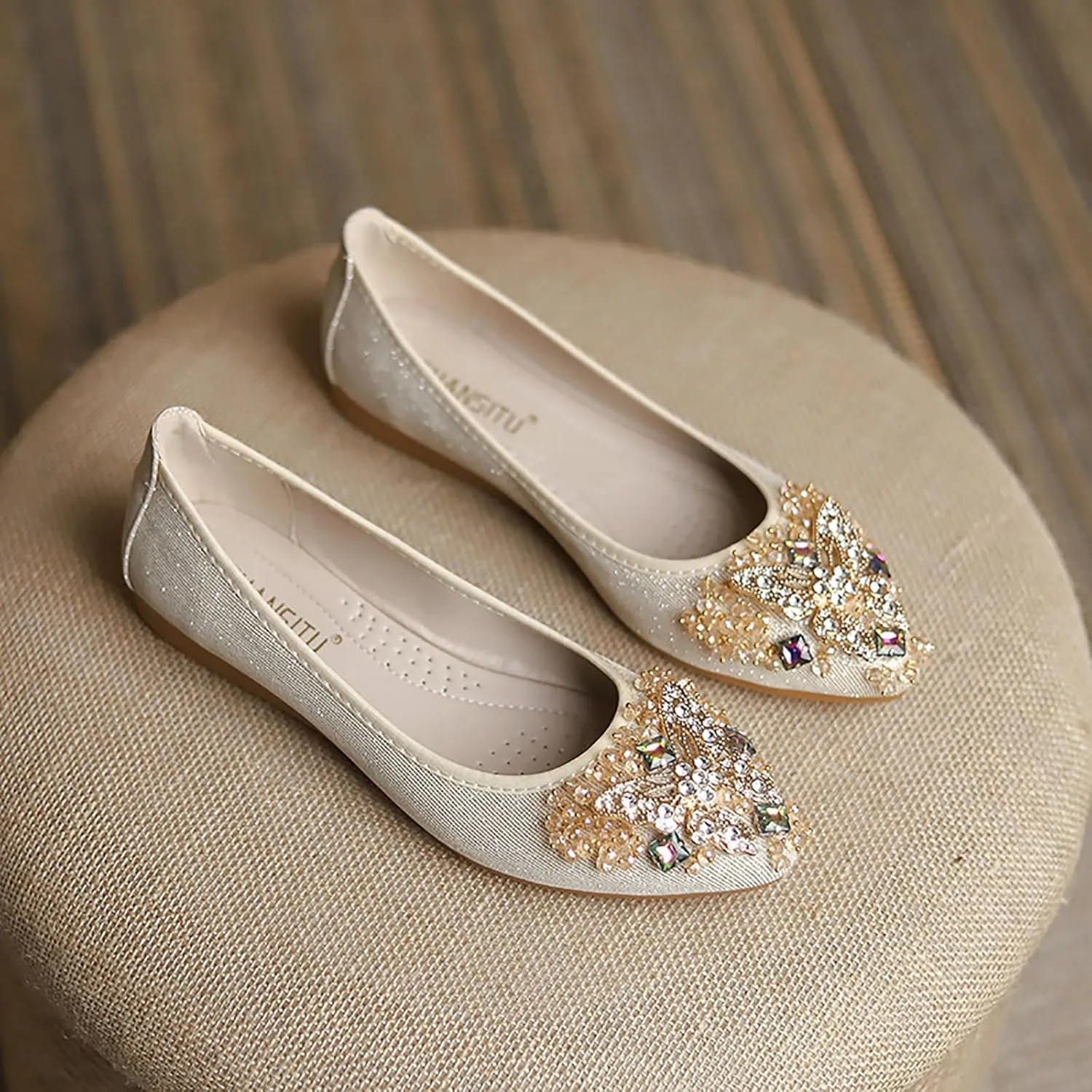 Women Ballet Flats Rhinestone Wedding Ballerina Shoes Foldable Sparkly Comfort Slip on Flat Shoes
