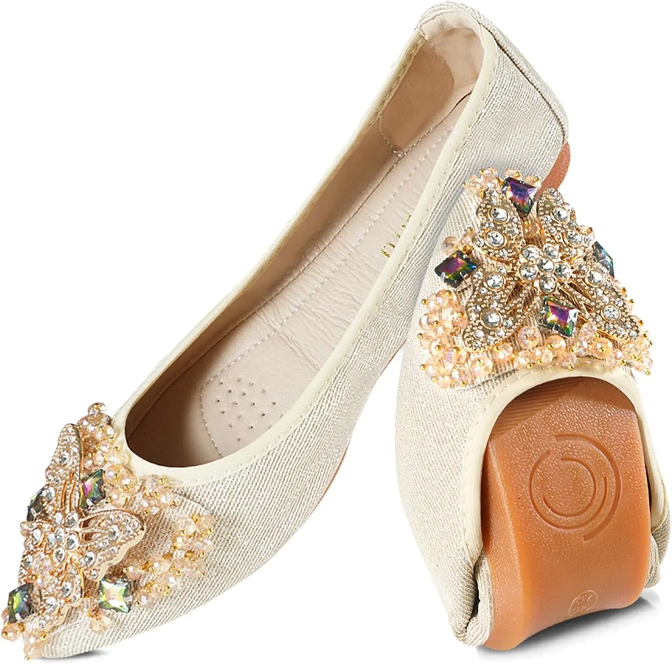 Women Ballet Flats Rhinestone Wedding Ballerina Shoes Foldable Sparkly Comfort Slip on Flat Shoes