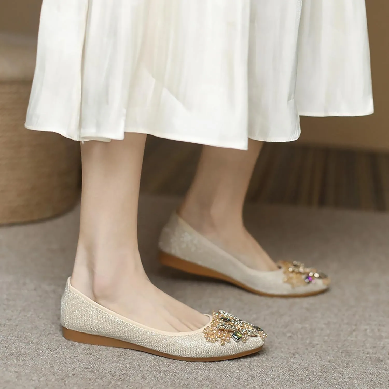 Women Ballet Flats Rhinestone Wedding Ballerina Shoes Foldable Sparkly Comfort Slip on Flat Shoes
