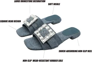 Women Denim Rhinestones Low Heel Slides Sandals Fashion Adjustable Square Buckle Slip On Square Toe Flat Dress Slippers Anti-Slip Party Evening Walking Sandals
